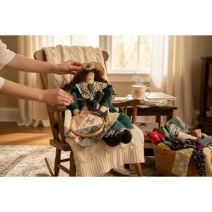 Primitive Folk Art Quilter Rag Doll Green Gingham Dress Singer Sewing Machine